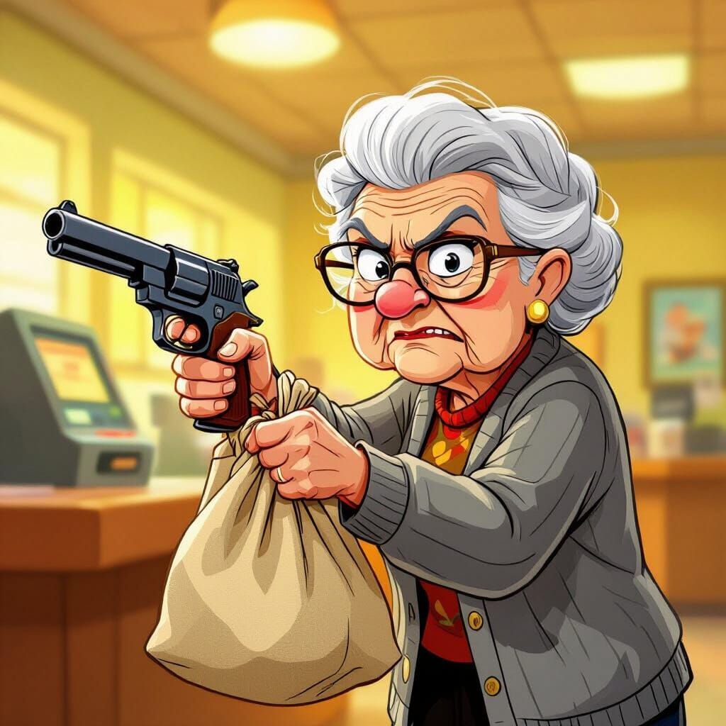 Elderly Woman Robs Bank in Cartoon Style