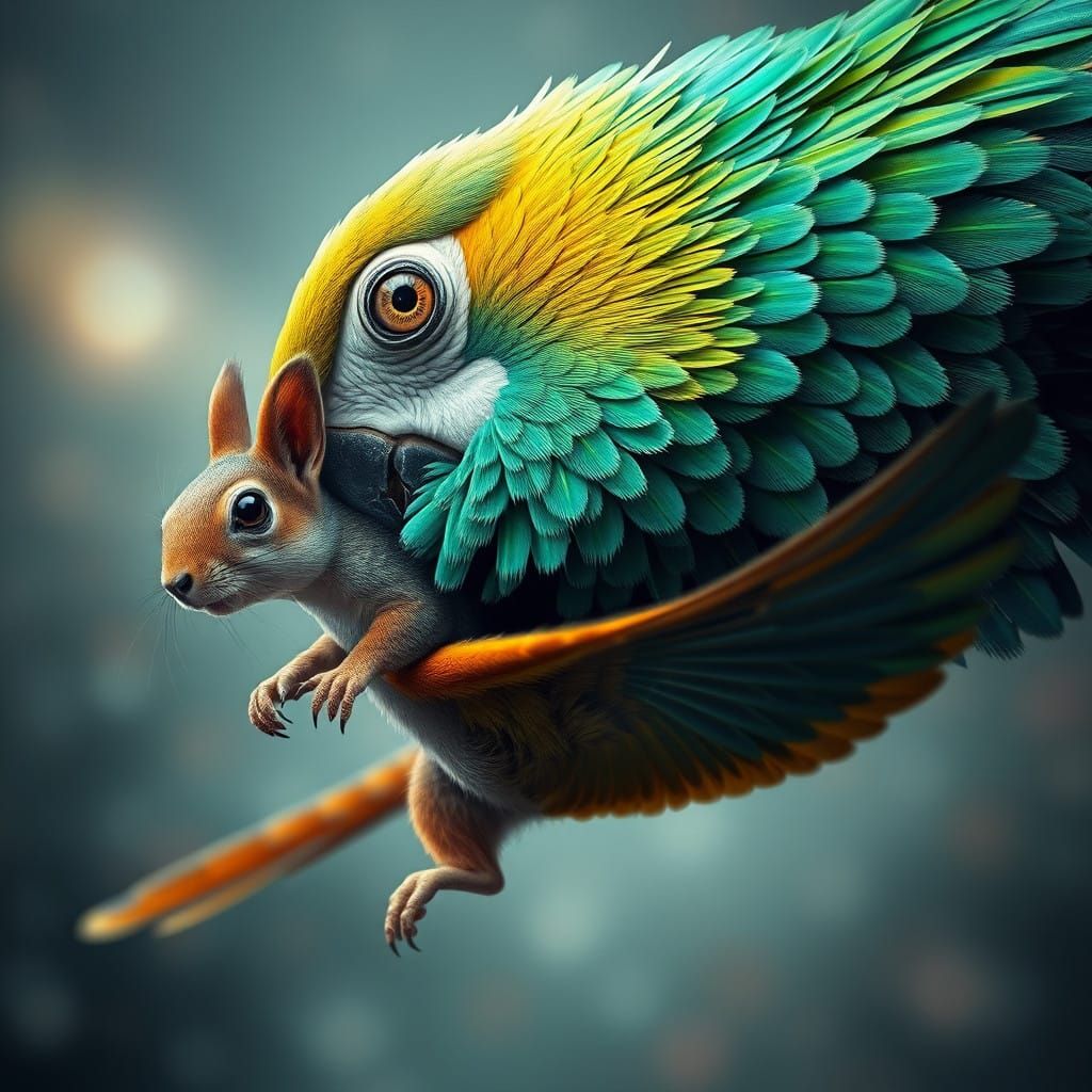 Hyper-Realistic Parrot Squirrel Hybrid in Vibrant Iridescent...