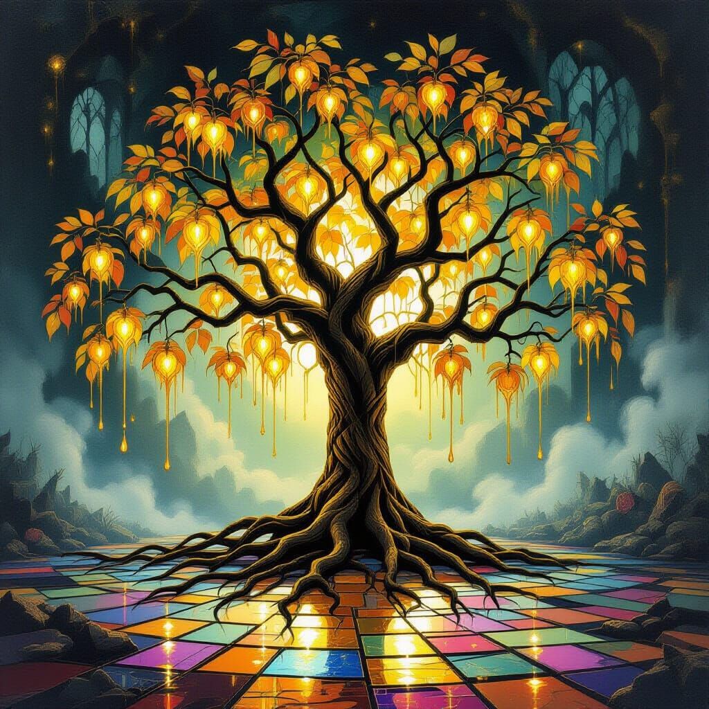 Ancient Tree with Serpent Roots and Luminous Leaves