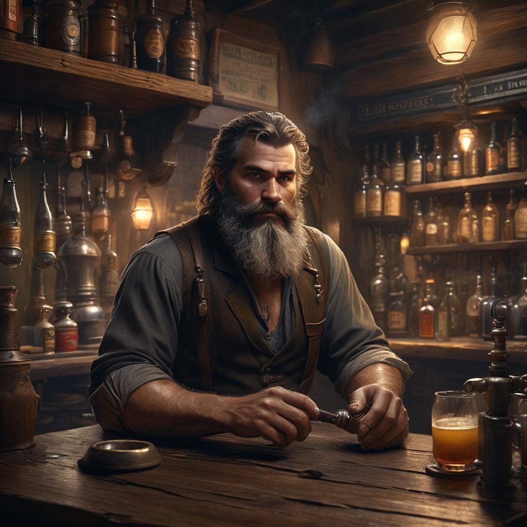 Stout Bartender in Cozy Dark Fantasy Tavern