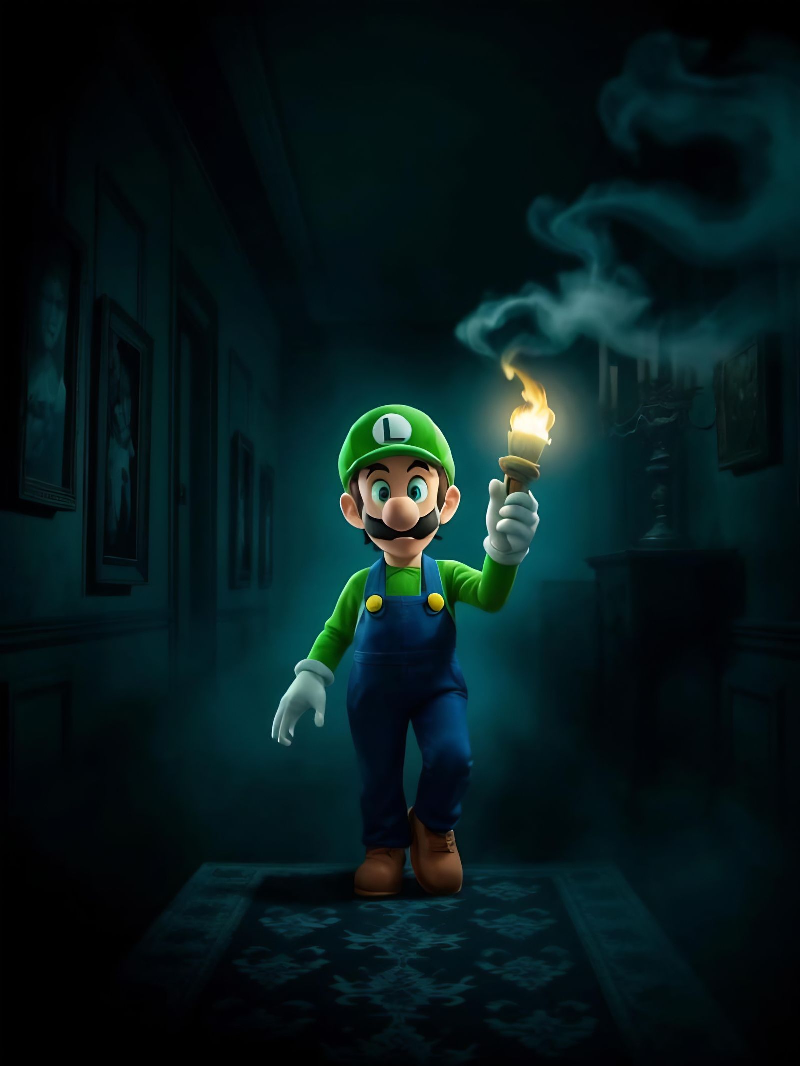Elegant Luigi's Mansion Portrait in Chiaroscuro Style