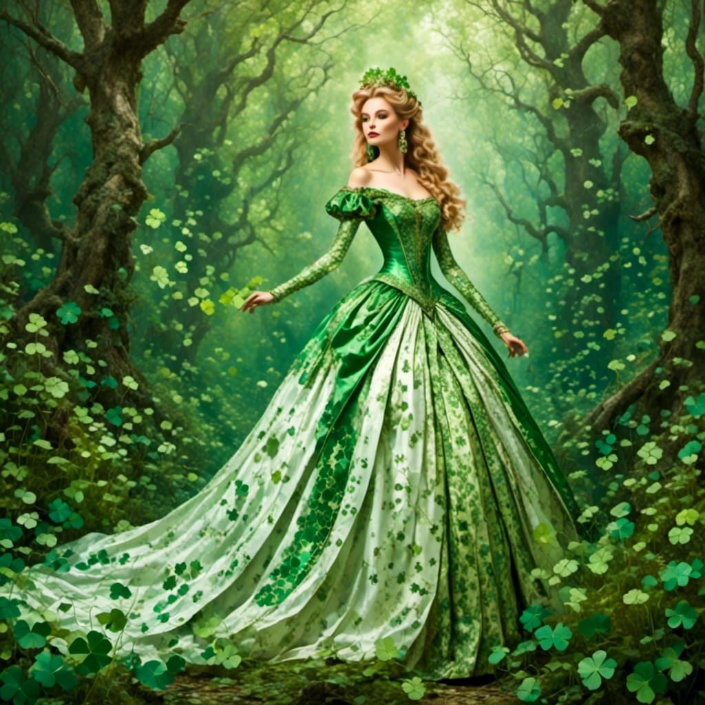 A Victorian Queen in Whimsical Four-Leaf Clover Forest