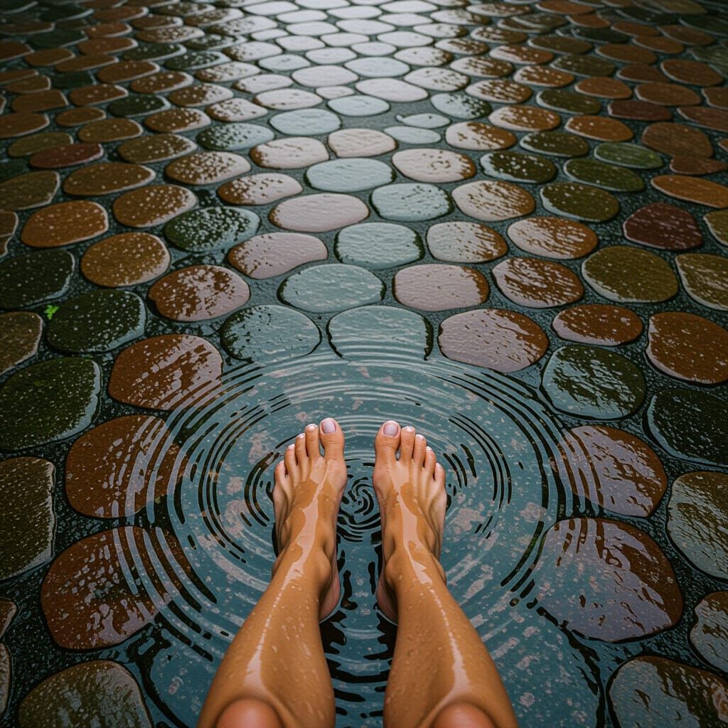 Summer Rain: Bare Feet on Cobblestone Street
