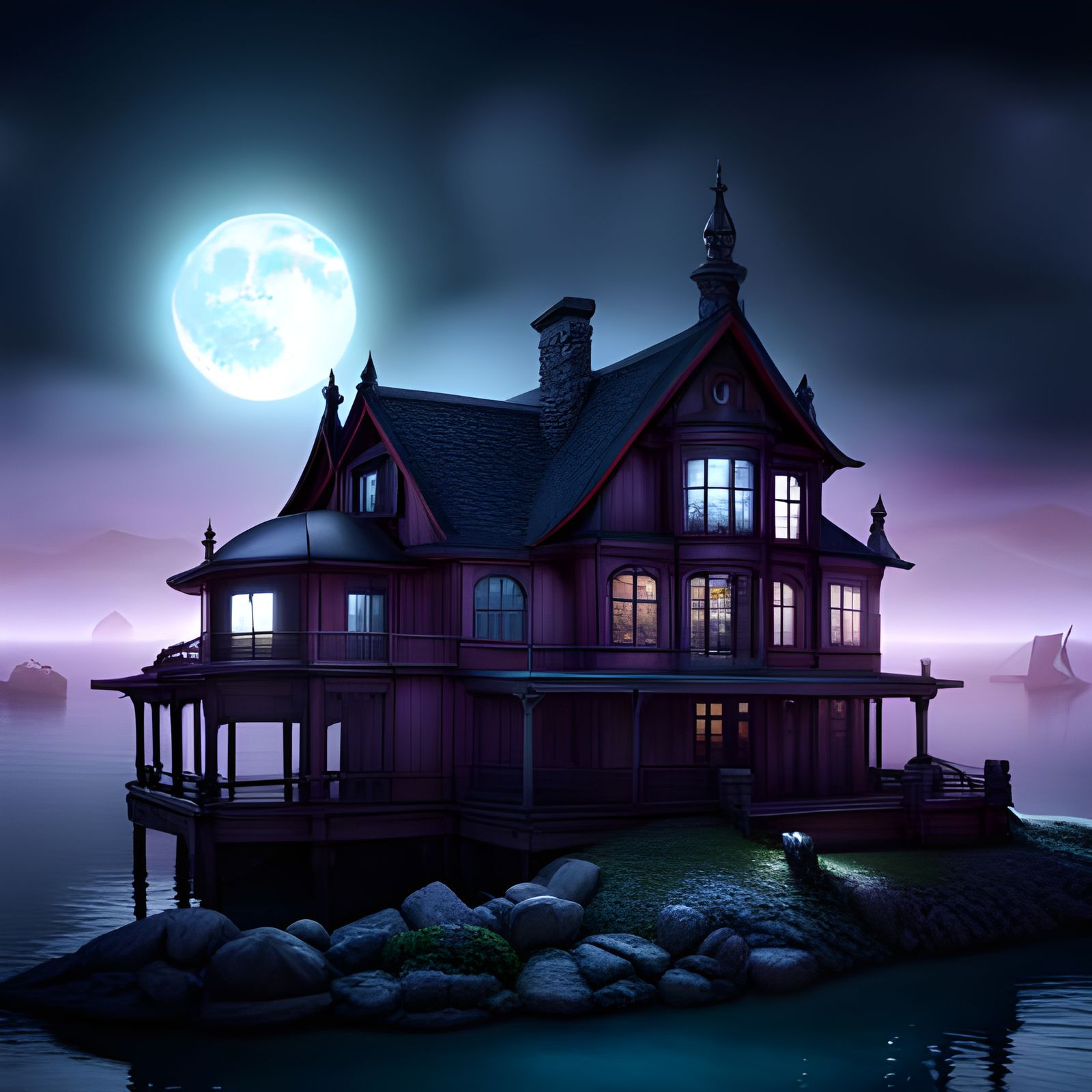 Ethereal Horror Landscape with Haunted Lakehouse in Cyberpun...
