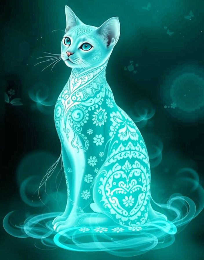 Ethereal Turquoise Cat in Abstract Filigree Pattern