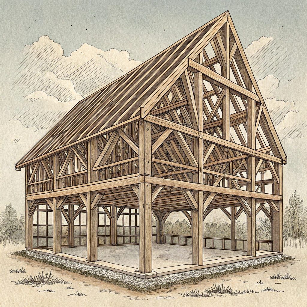 Timber Frame Barn in Woodcut Style