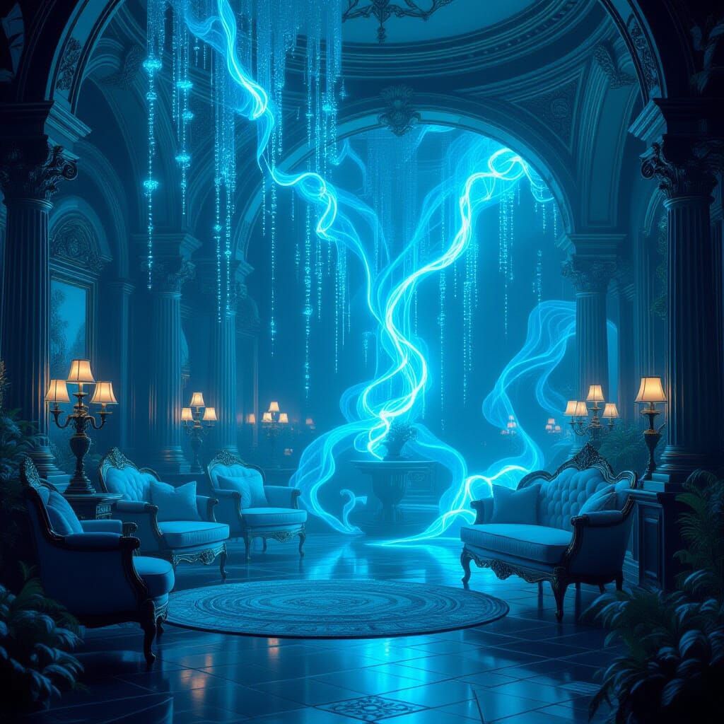 Bioluminescent Flora Floating in Opulent Chamber