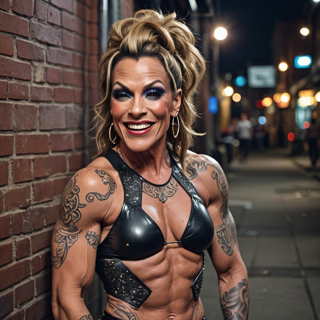 Gorgeous Female Bodybuilder's Masculine Face in Nightclub Al...