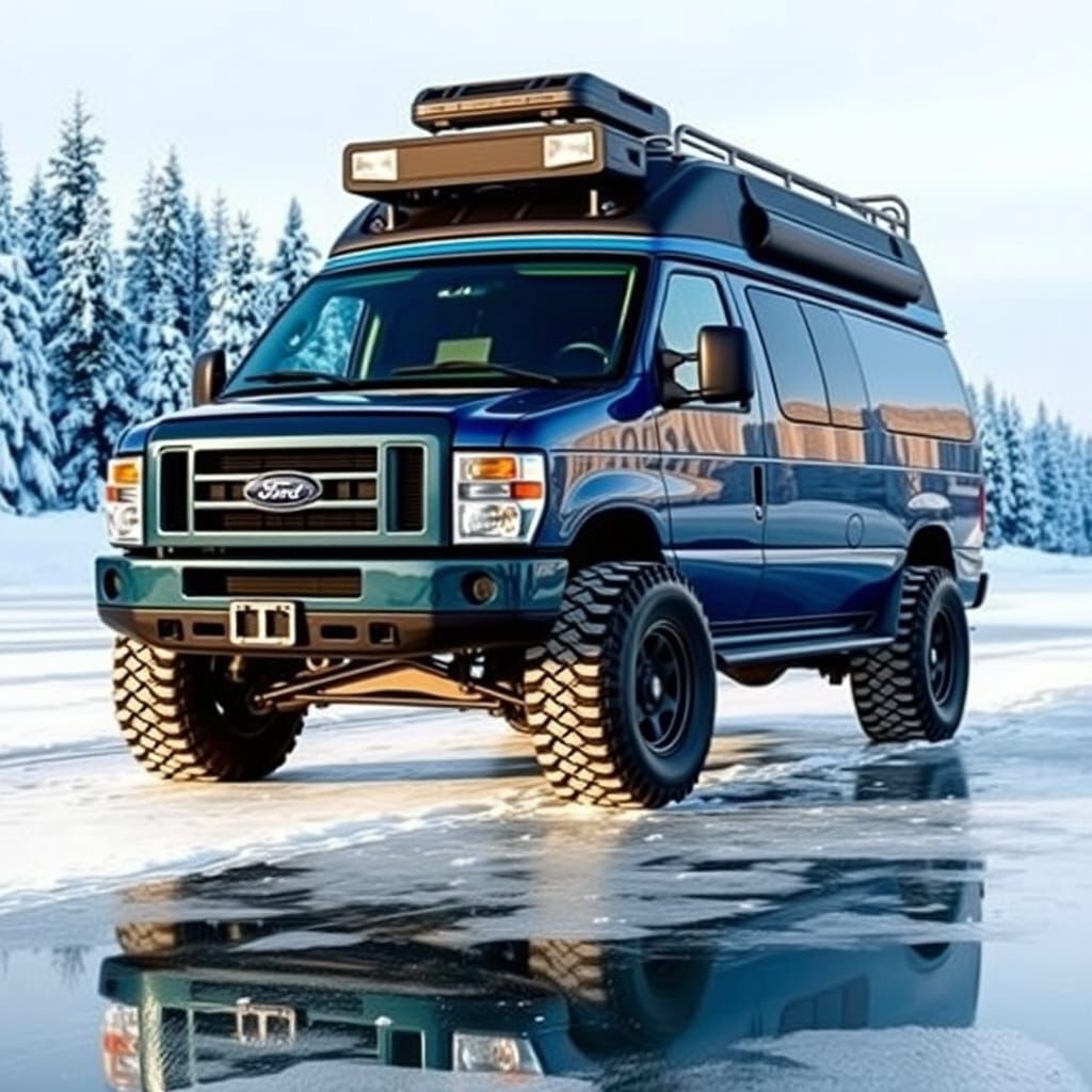 Blue Ford Econoline 4x4 Van on Frozen Lake