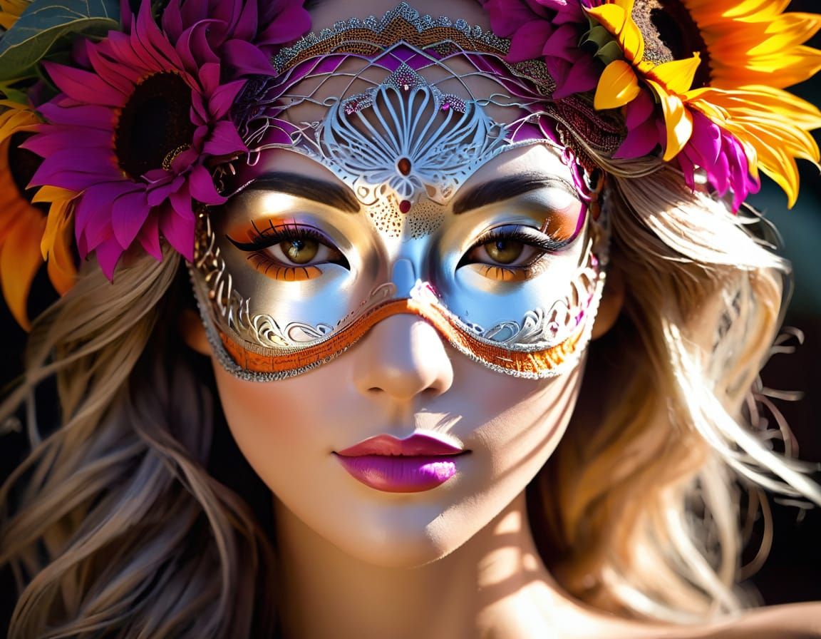 Woman in Avant-Garde Mask with Sunflower Portrait