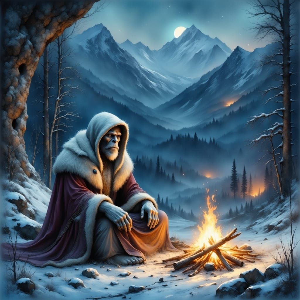 Surreal Winter Yeti by a Campfire in Hyperreal Painterly Sty...