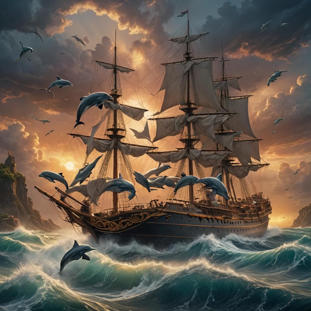 Sailing Ship's Majestic Bow Rides the Stormy Seas with Dolph...