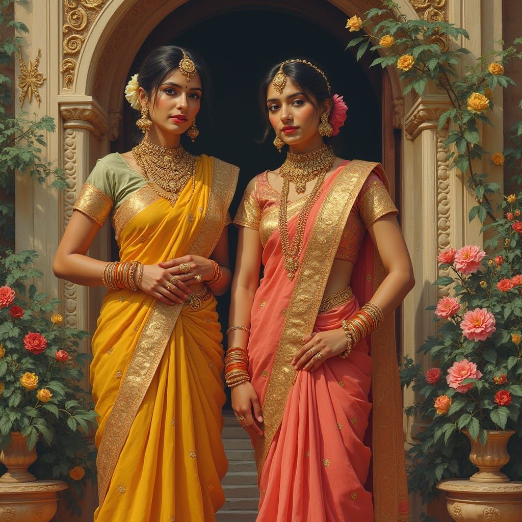 Indian Women in Traditional Dress, Miniature Painting Style