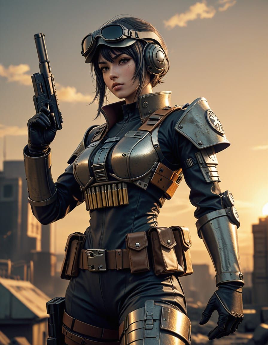 Dieselpunk Soldier Salutes in Rustic Armor, Sunset Hues