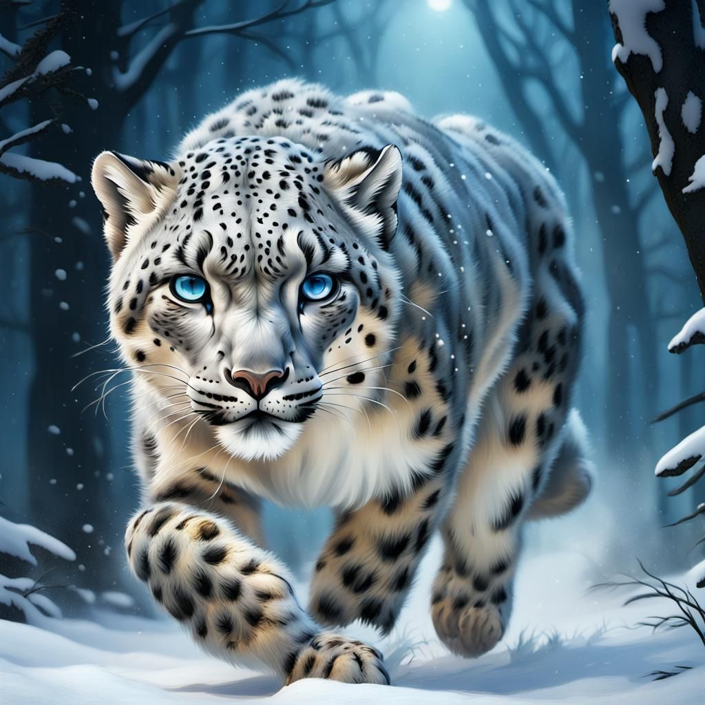Snow Leopard Chase in a Snowy Nighttime Landscape