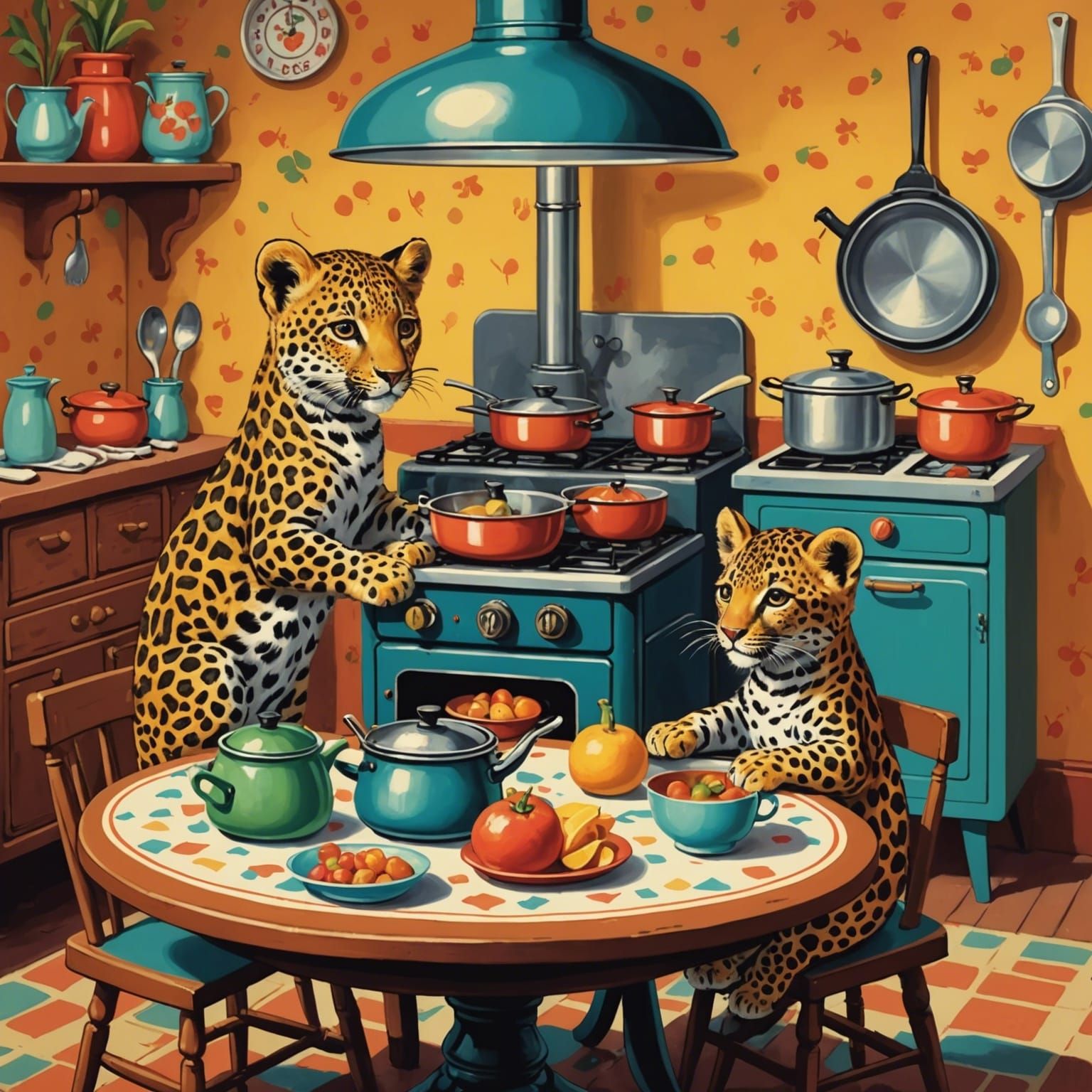 Whimsical Leopard Family Enjoy Lunch in a Storybook Scene