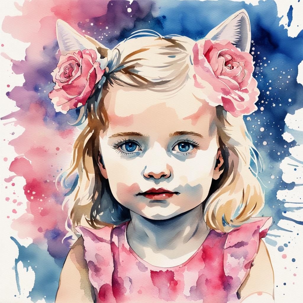Blonde Girl Smiles Holding Kitten in Watercolor Splash Style