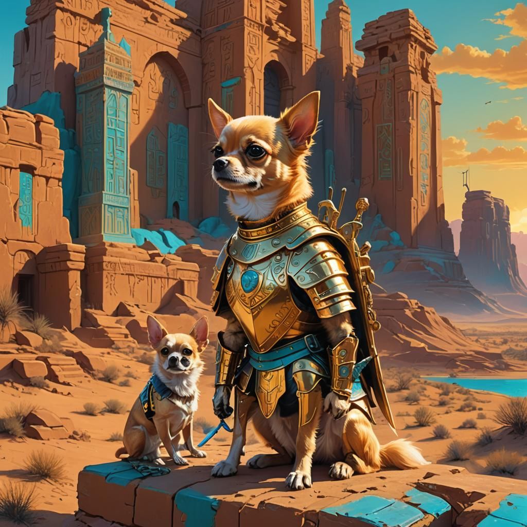 Regal Chihuahua Knight in Ancient Desert Kingdom