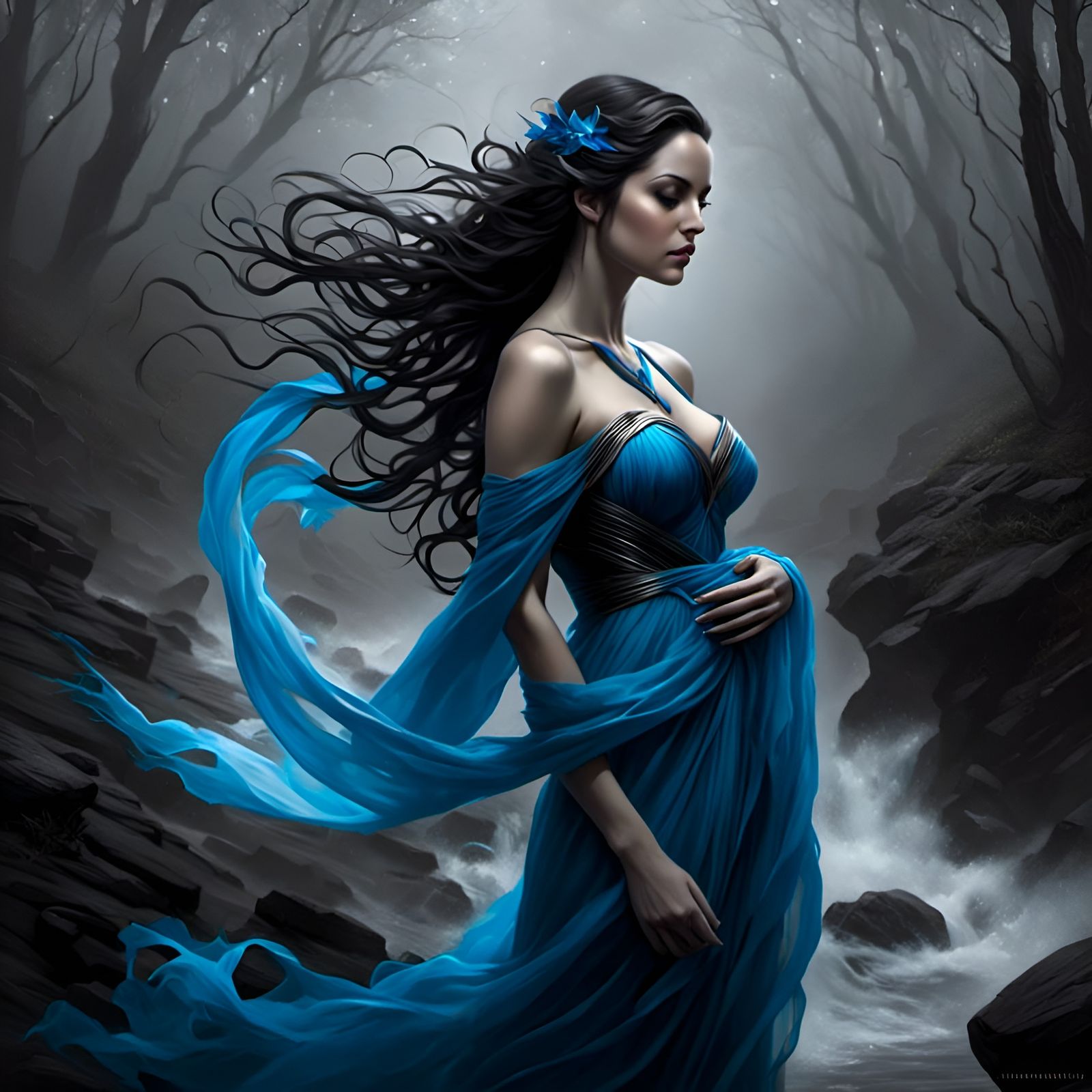 Ethereal Figure Clutches Blue Remnant in Monochrome