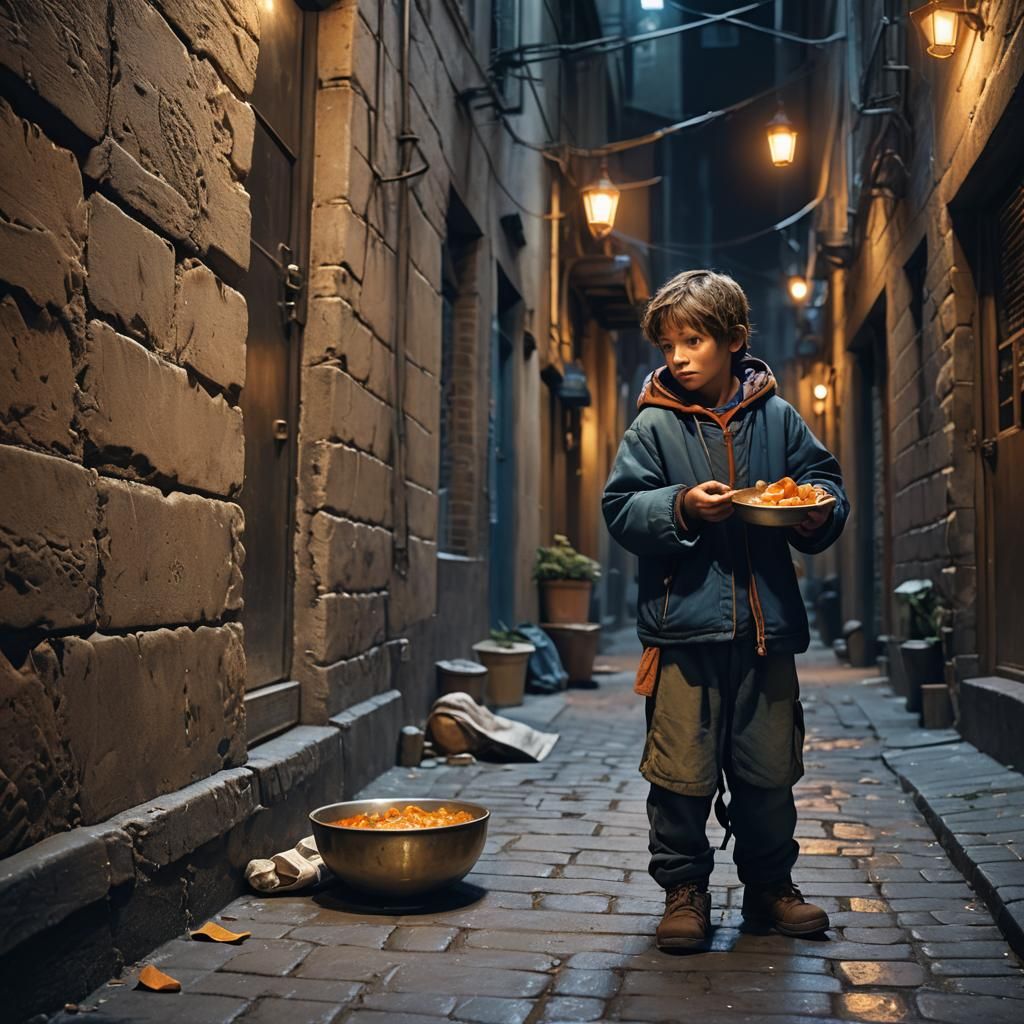 Child in Dark Alleyway with Fantasy Food