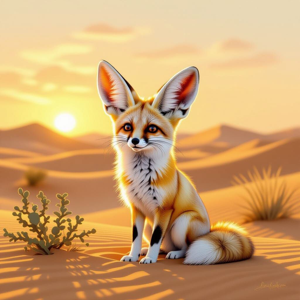 Fennec Fox at Desert Sunset in Painterly Style