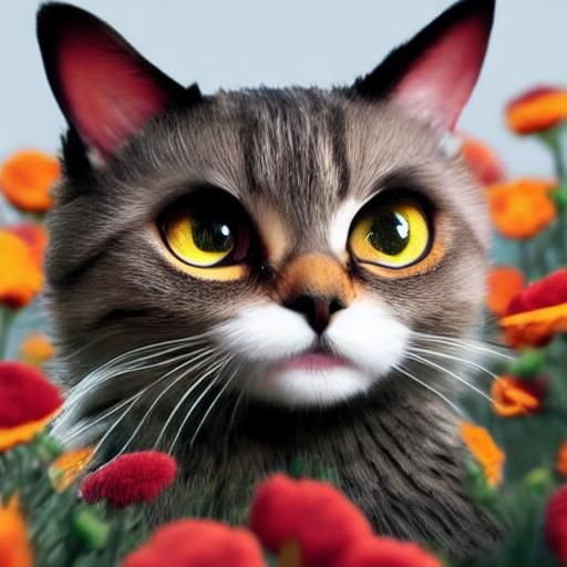 Whimsical Monster Cat Stares into Camera with Wide, Reflecti...