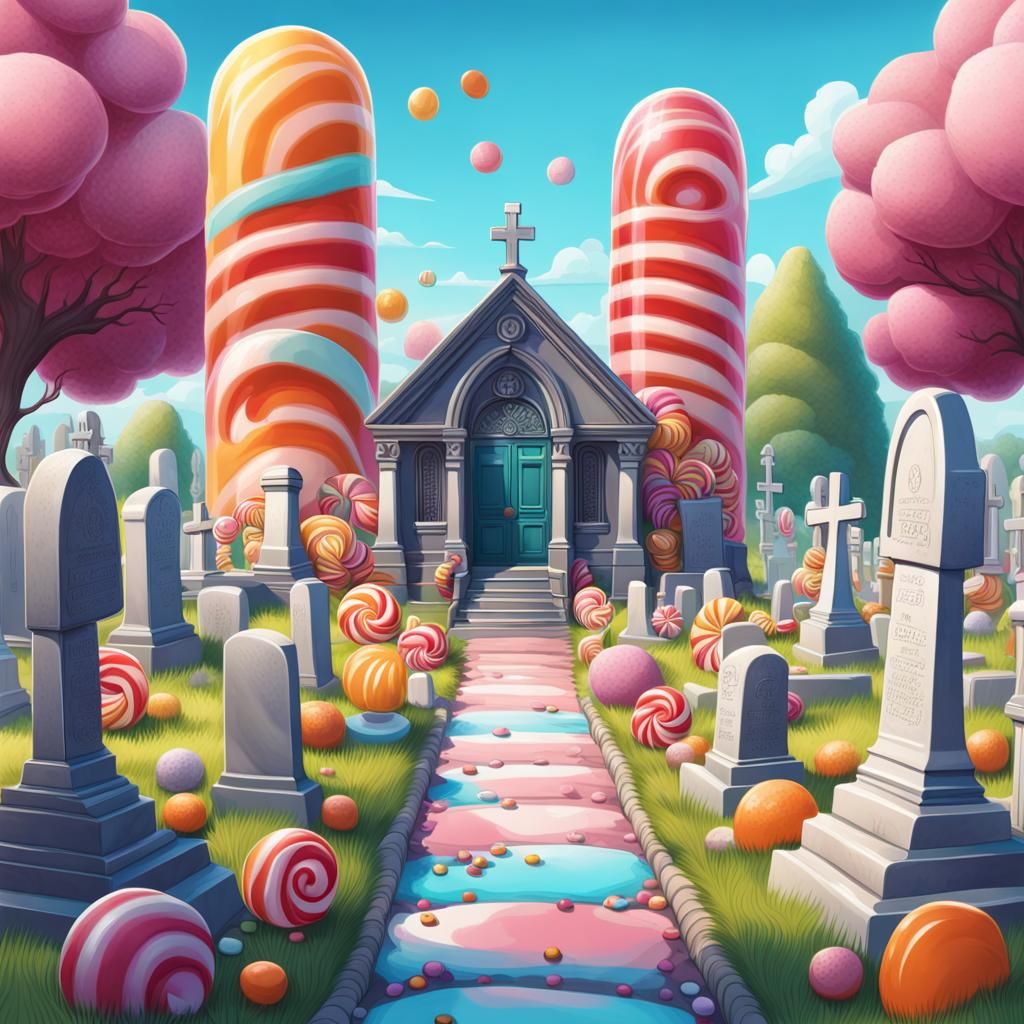 Whimsical Candyland Cemetery in Hyperrealistic Digital Art