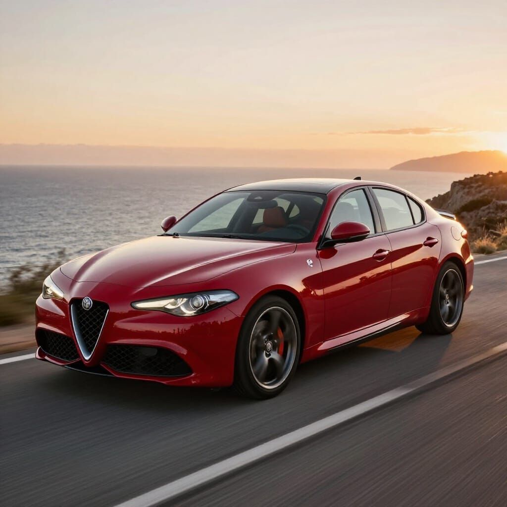 Red Alfa Romeo Giulia on Ocean Cliffside Road at Sunset