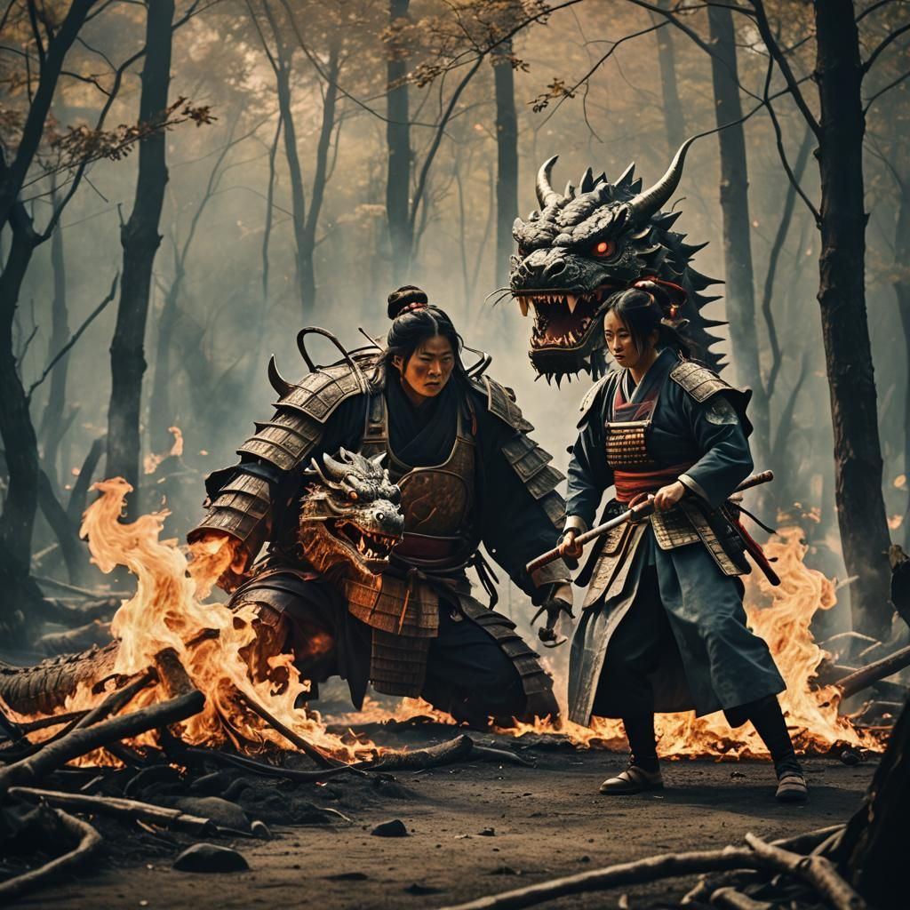 Epic Samurai Battles Fiery Beast in 35mm Cinematic Masterpie...