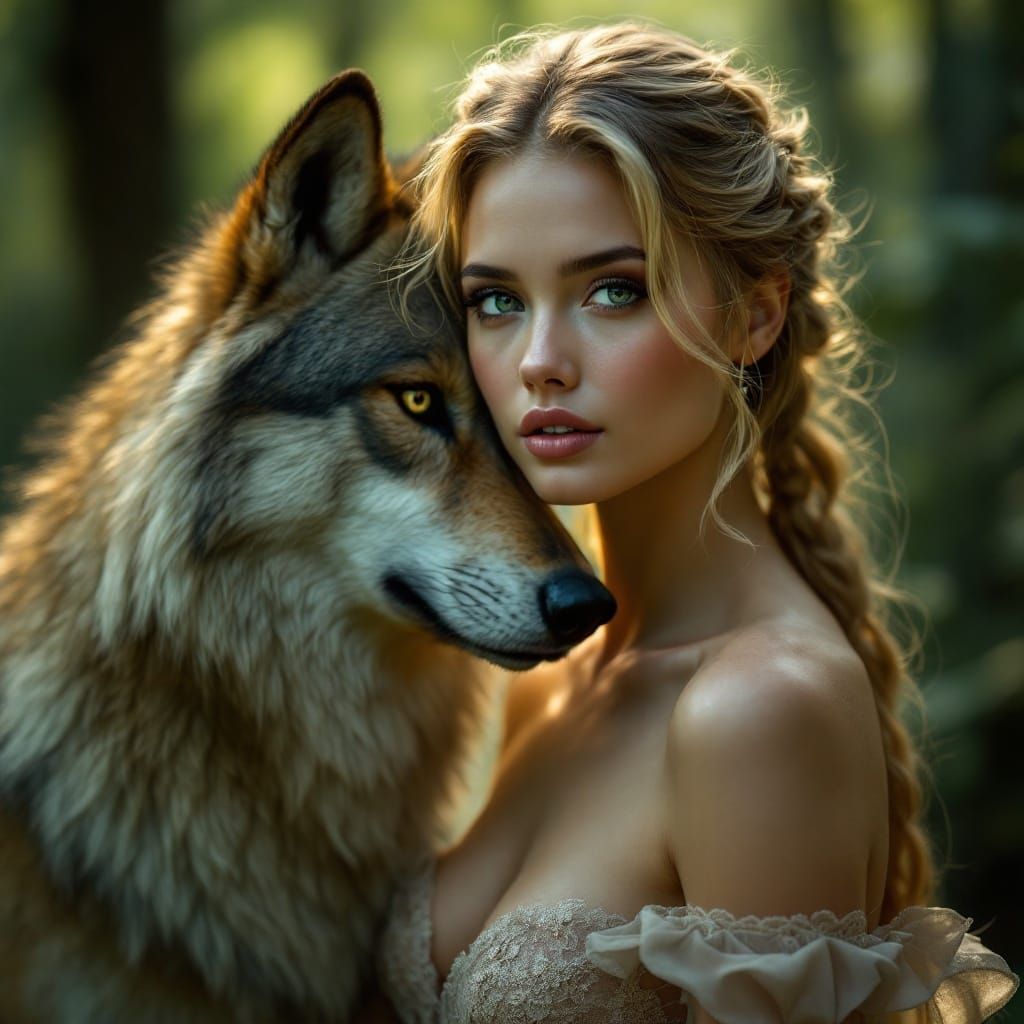 Elegant Woman Beside Majestic Wolf in Hyperrealistic Forest....