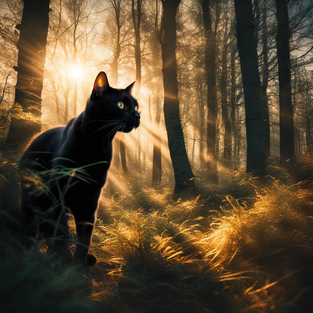 Elegant Black Cat in Golden Woodland