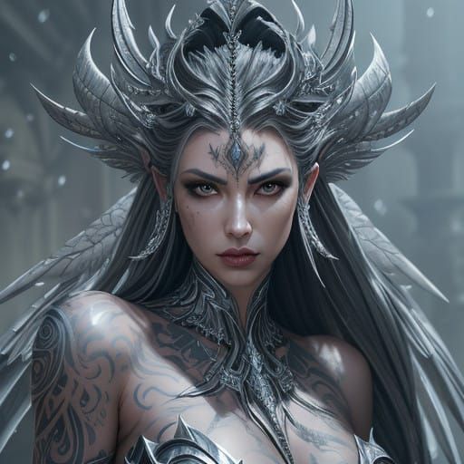Hyperrealistic Queen of Blades with Silvery Wings and Intric...