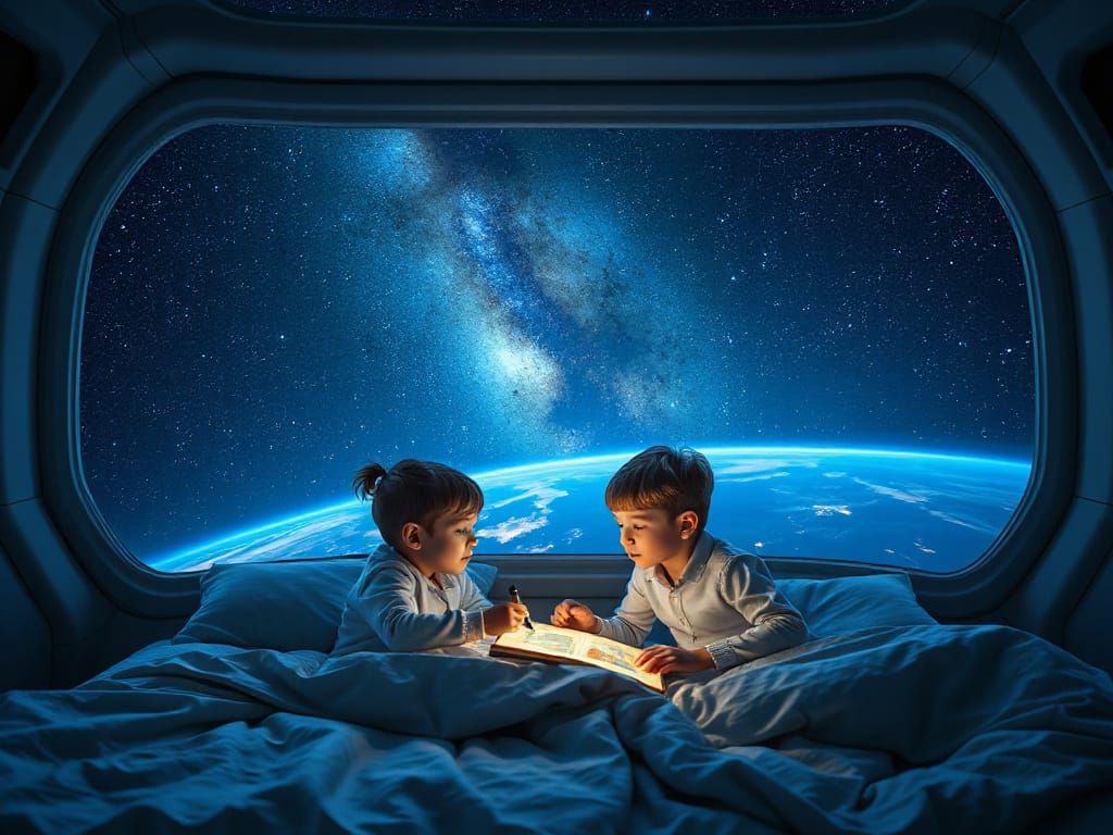 Children Reading in Space Station Bedroom