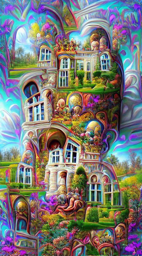 A mansion with Collums and windows and gardens academic art ...