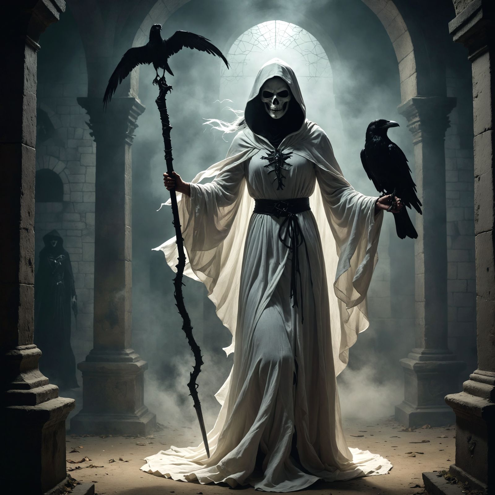 Gothic Grim Reaper Goddess Dances in Catacombs