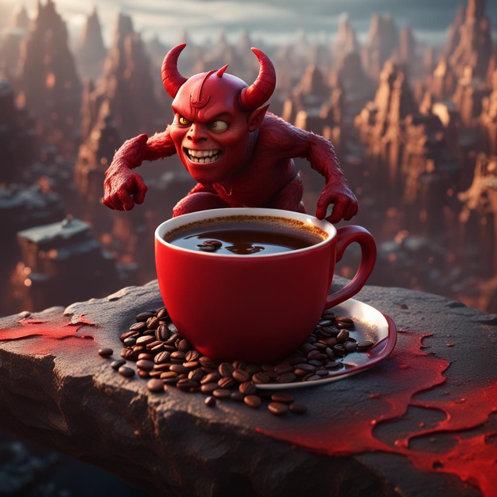 Little Red Devil Contemplates a Cup of Coffee in a Fantastic...
