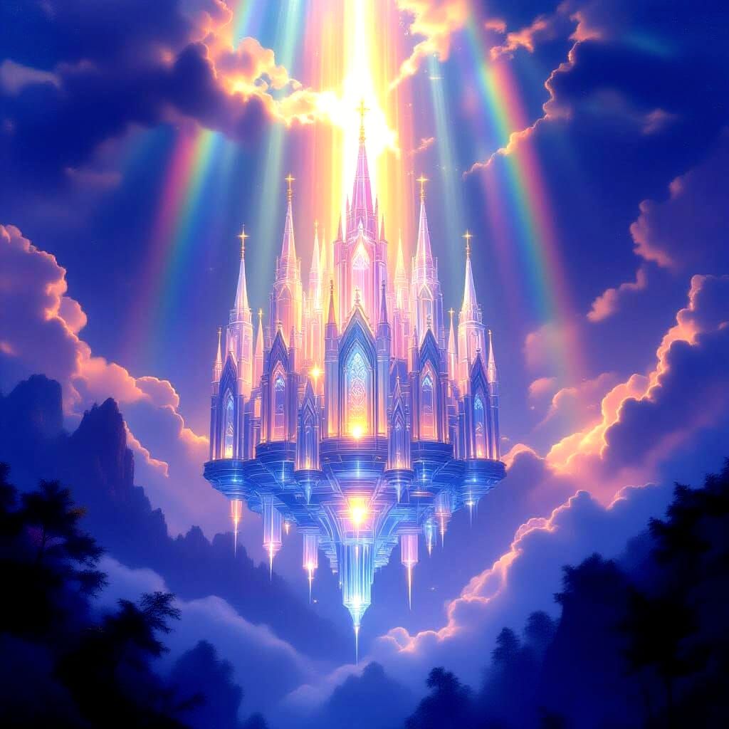 Crystal Cathedral in Twilight Sky with Rainbows