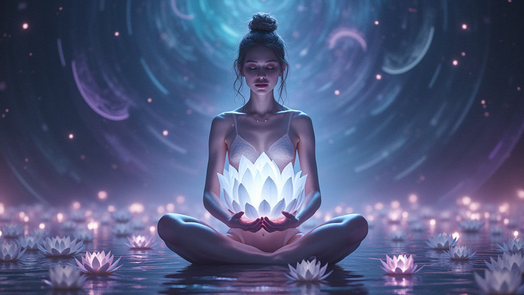 Ethereal Woman Radiates Light in Meditation Pose