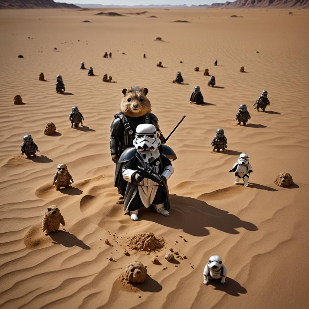 Giant Hamster Trooper Marches Across Desert Landscape