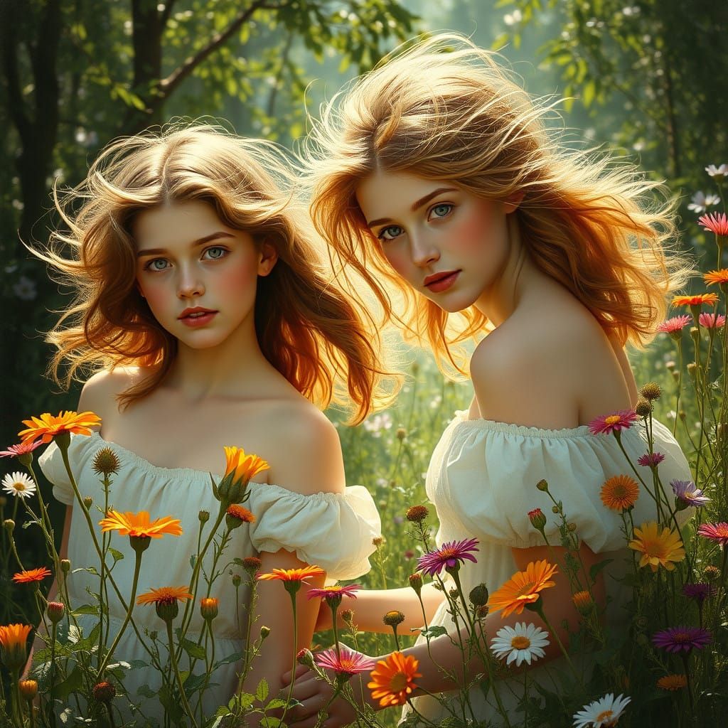 Ethereal Summer Idyll in Pre-Raphaelite Style
