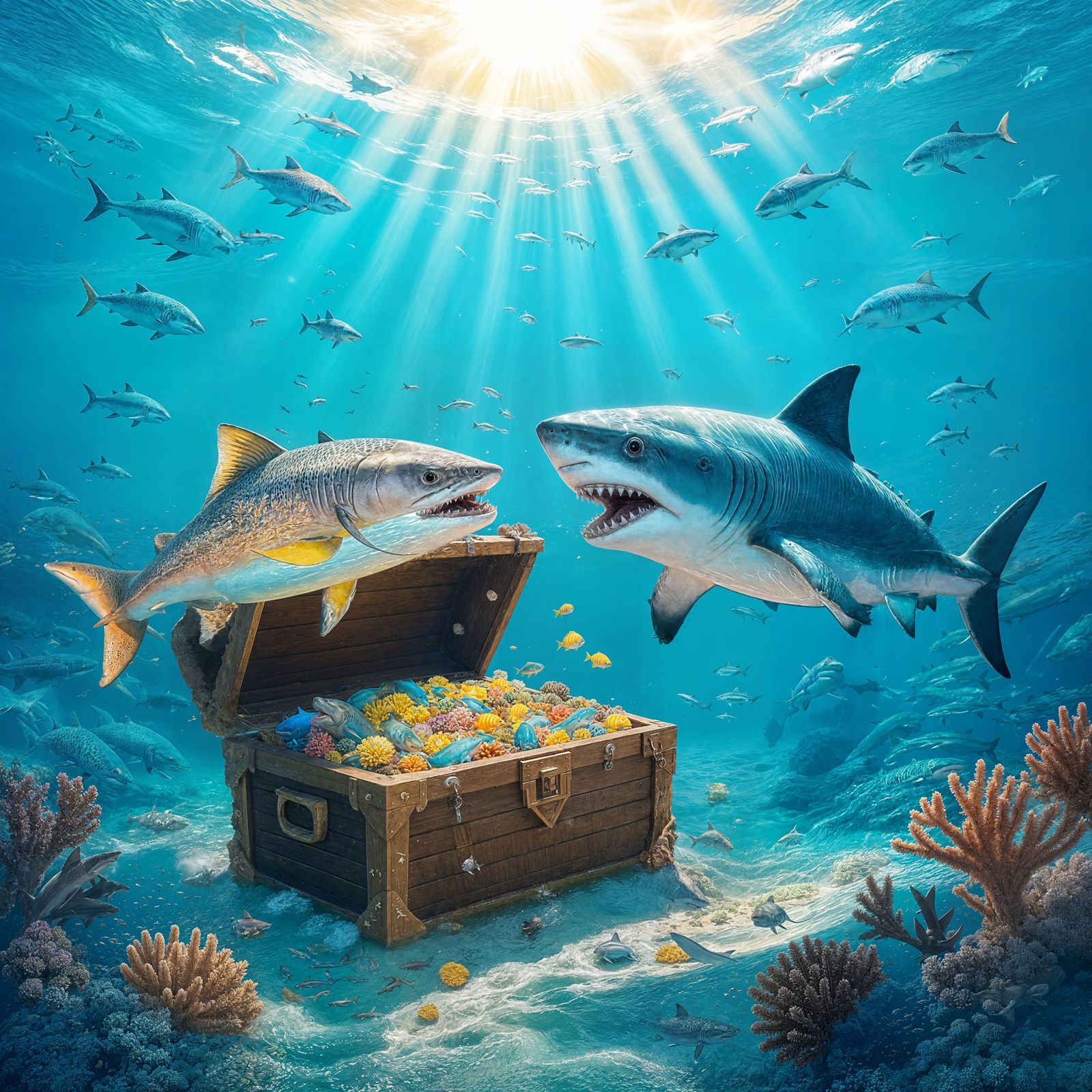 Shark & Trout Discover Coral-Covered Treasure Chest in Teal ...