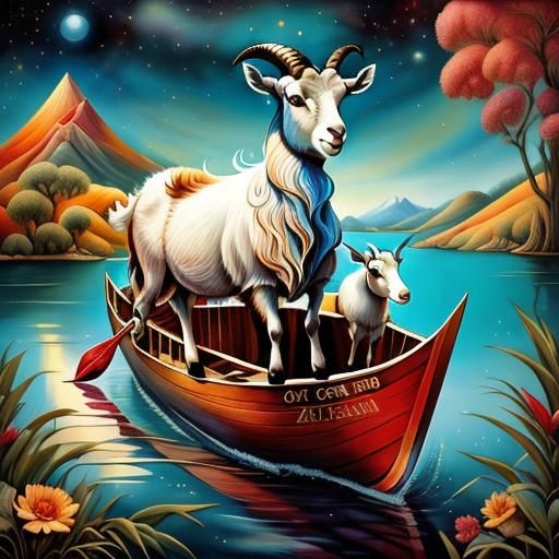 Surreal Whimsical Goat Embarks on a Dreamlike Voyage