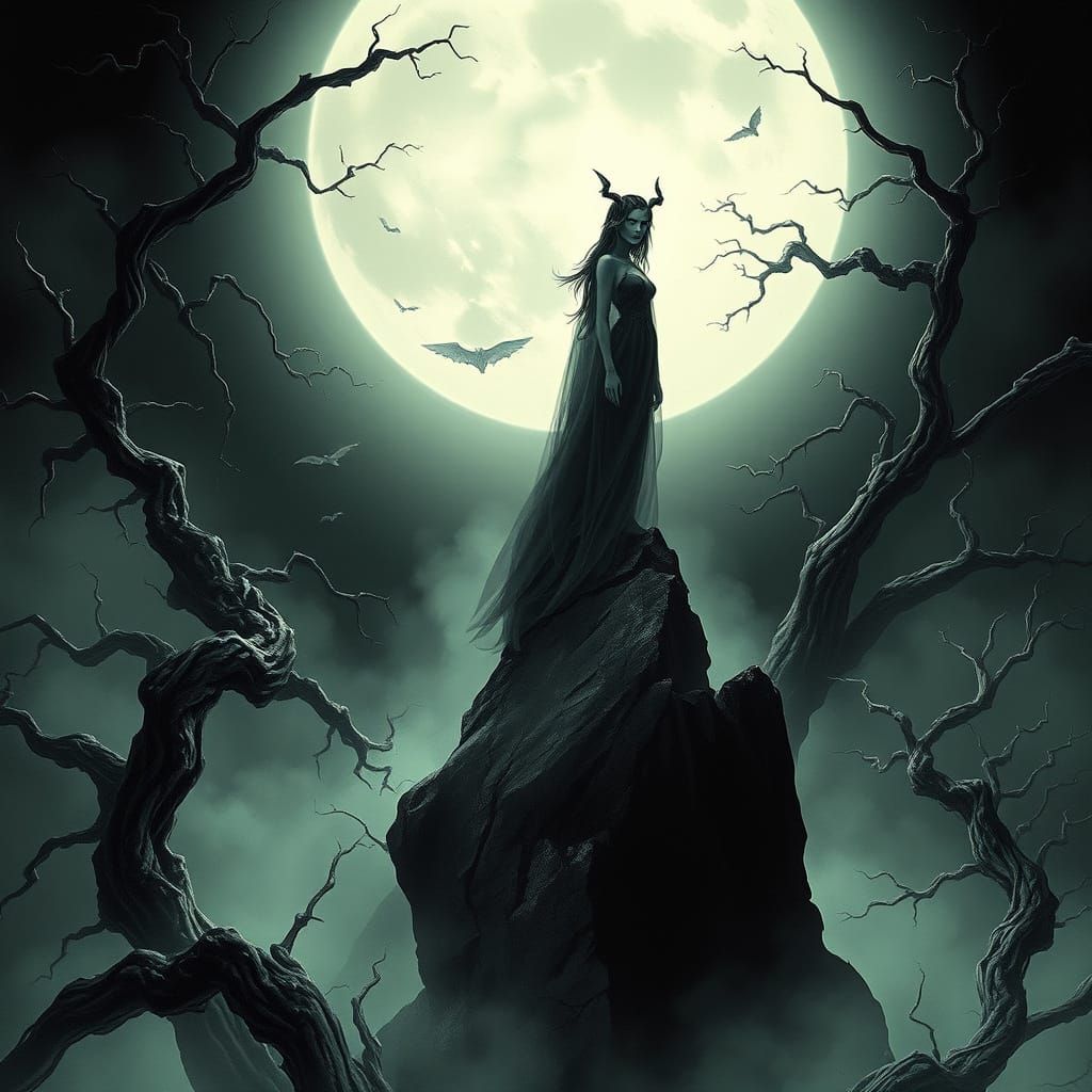 Moonlit Siren in a Haunting Landscape