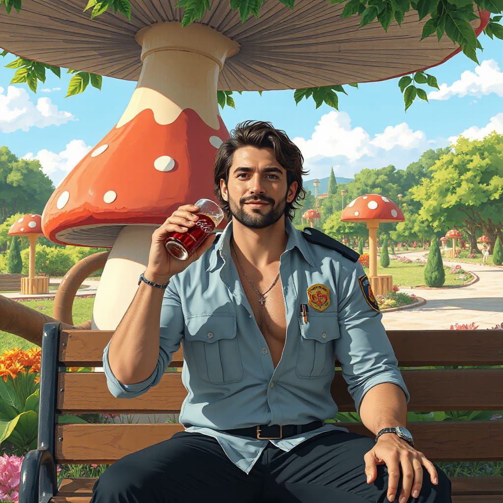 Whimsical Paramedic Under Giant Mushroom