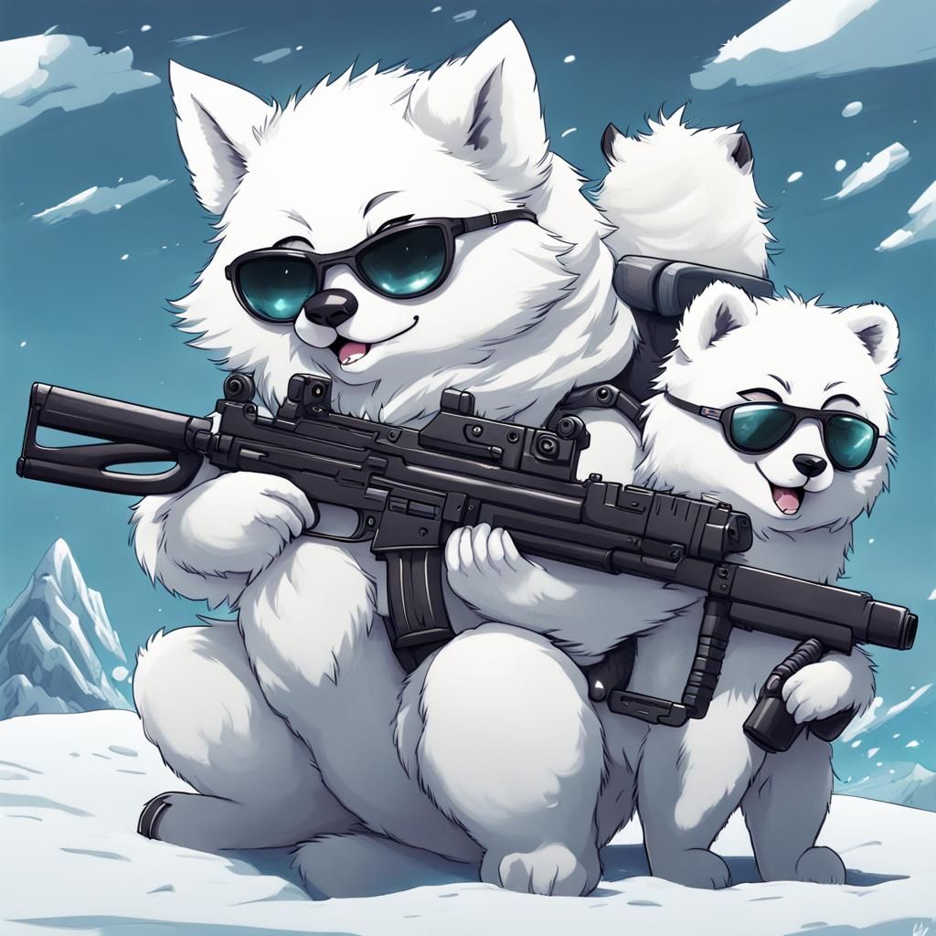 Cute Arctic Fox Wields Mini Gun Surrounded by Polar Bears in...