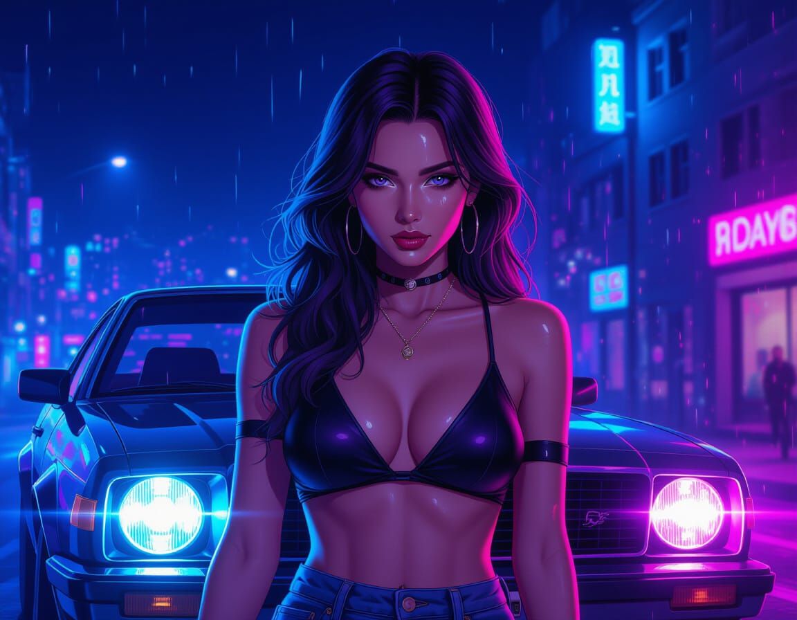 Neon Anime Woman on Car in Dark Fantasy Style