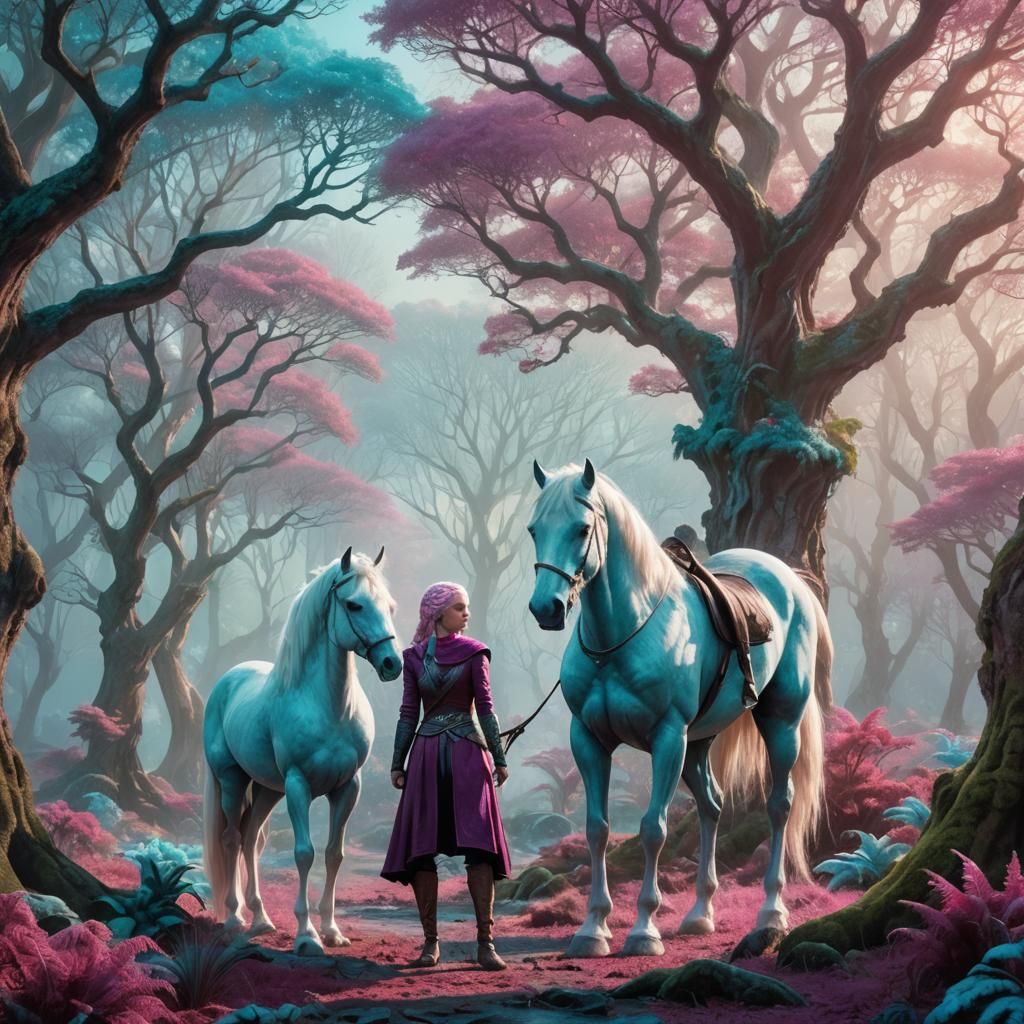 Ethereal Centaur in Winter Forest with Dragon Trees