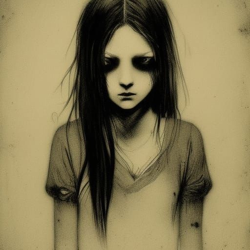 Sad Anime Girl in Horror Photocopy Style
