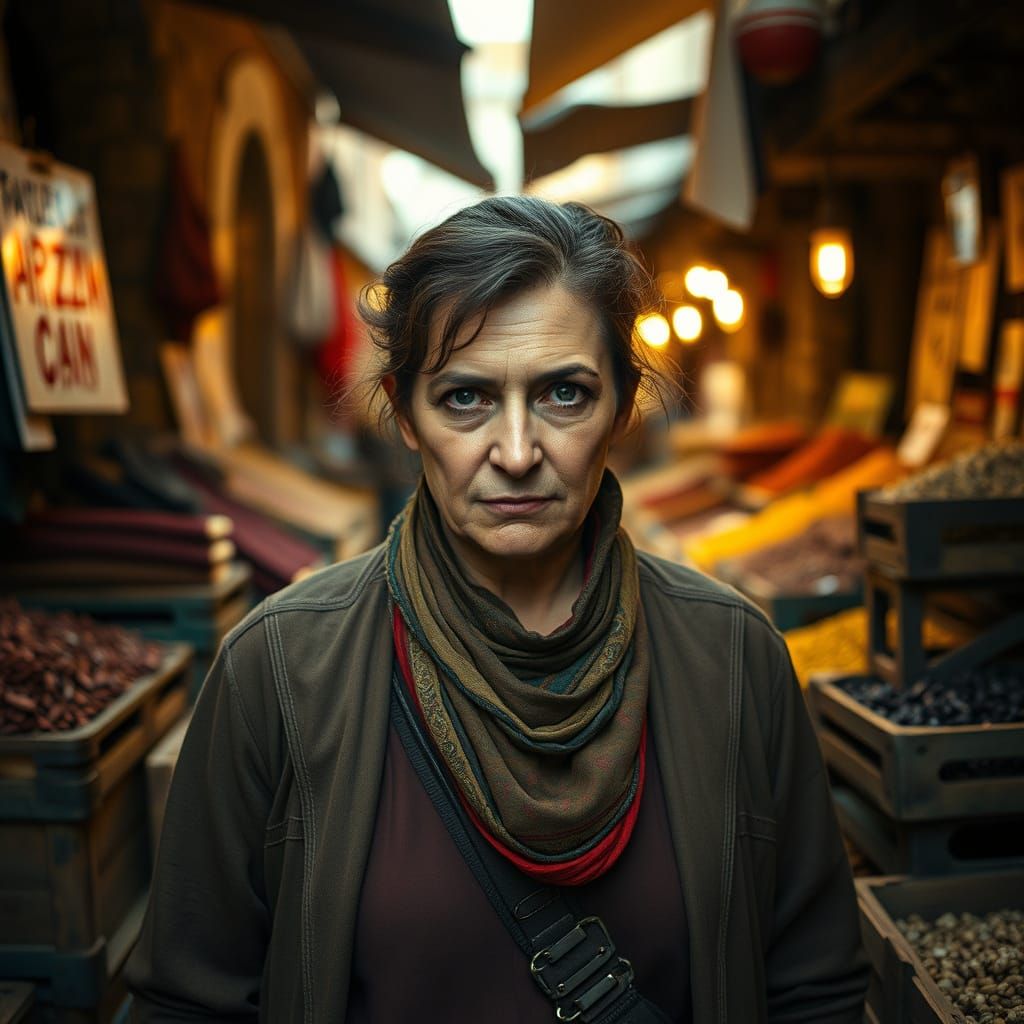 No-Nonsense Woman Surrounded by Market Stalls in Elturel