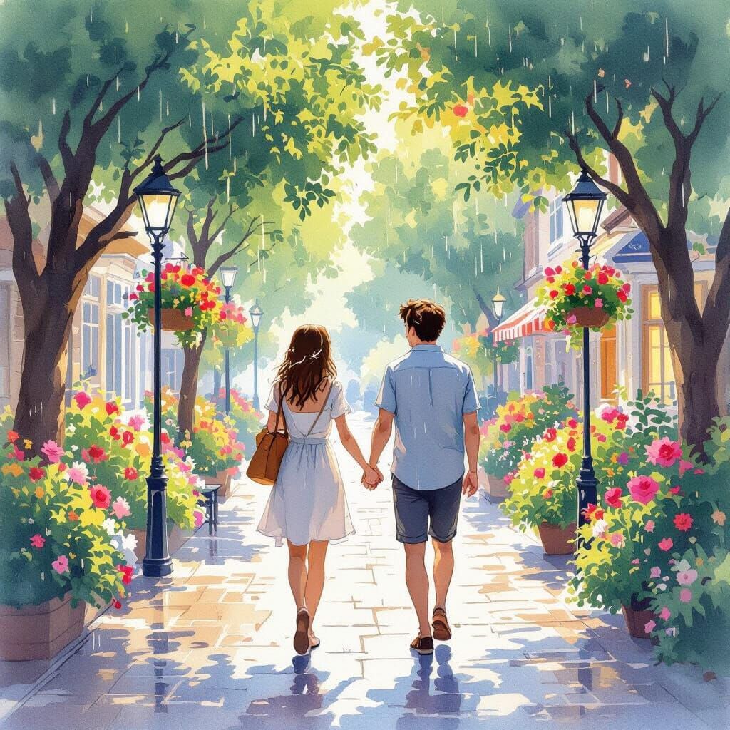 Couple in Summer Rain, Whimsical Illustration